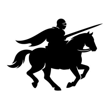 black vector silhouette of a knight riding a horse on a white background. rider with spear and armor. Logo of medieval tournament. flat illustration