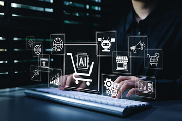 AI ecommerce automation and online shopping platform concept. showing smart cart, chatbot, marketing icons, store management, sales analytics, workflow tool, digital retail growth, business technology © Sandwish