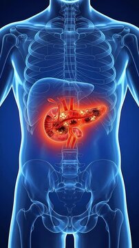3D Medical Animation of Inflamed Pancreas with Gallstones in Human Digestive System Anatomy on Blue Background