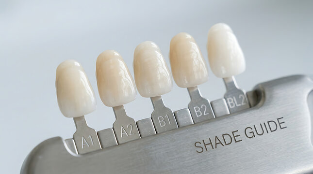  Detailed view of professional dental tooth shade guide with labels A1 to B2 for accurate color matching in cosmetic dentistry and restorative procedures in dental clinic studio background shot.