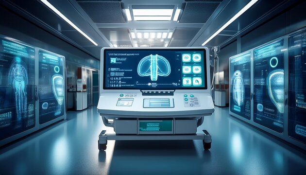 modern medical terminal displaying hipaa compliance text in a futuristic hospital for secure patient data protection and healthcare digital privacy