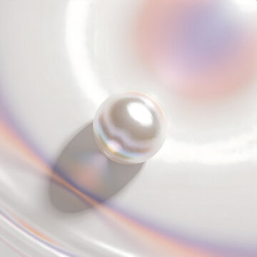 Single pearl with iridescent sheen on white background