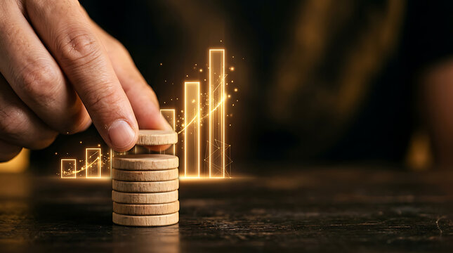A hand placing a wooden coin on top of a stack with glowing yellow bar graphs in the background representing financial growth and success