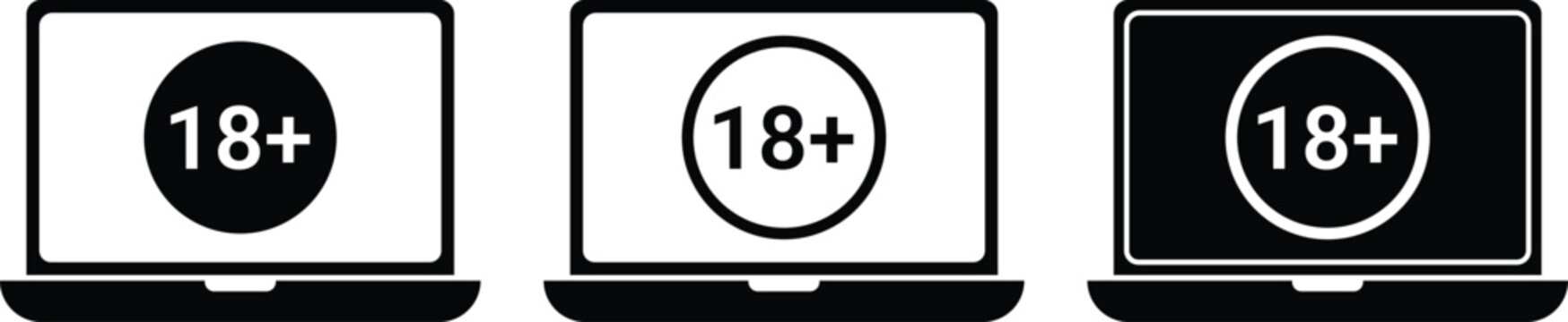 Laptop with 18 Plus Age Restriction Sign Set for Adult Content Warning and Parental Control Vector