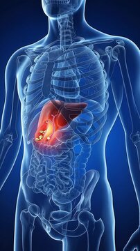 3D Medical Animation of Human Liver and Gallbladder with Gallstones and Full Digestive Organs on Blue Background