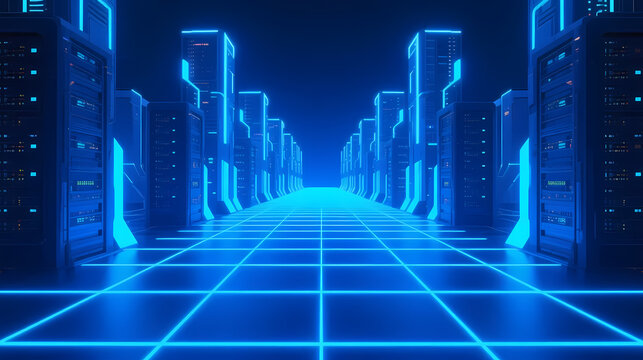 Rows of servers glowing blue in cyberpunk space