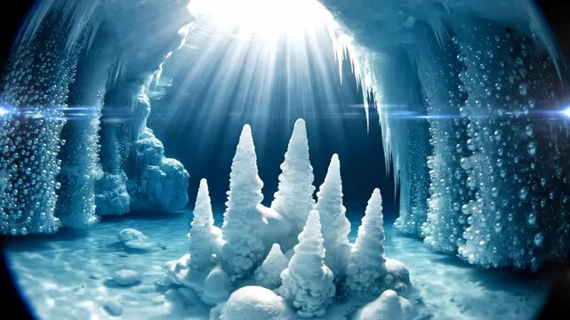 Icy blue cavern with hanging icicles and central ice stalagmites under volumetric sunbeams