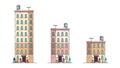 Group of three brown residential apartment buildings vector bundle for city street architecture and real estate property design © Rashida