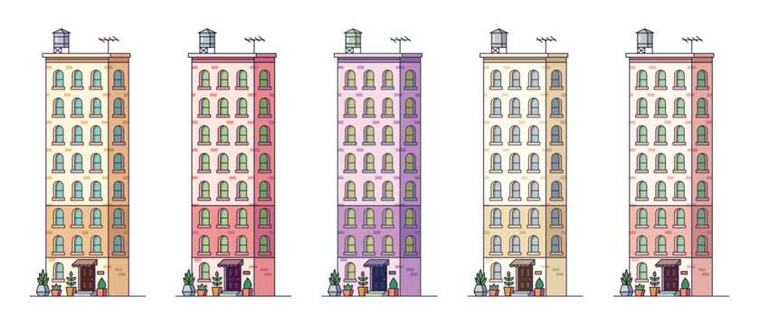 Collection of five tall colorful city buildings vector illustration pack for urban real estate and modern town architecture