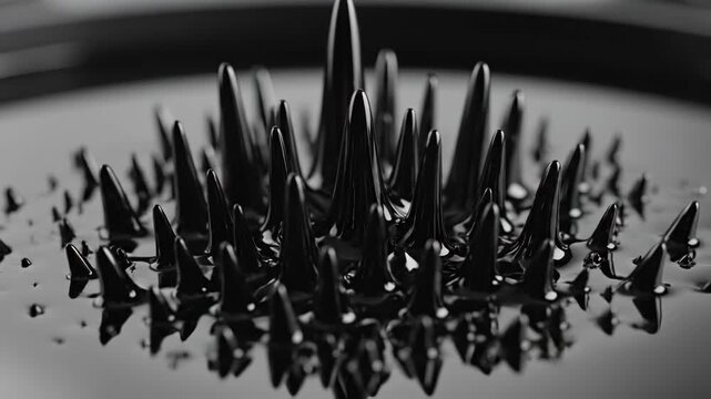 Macro close up of glossy black ferrofluid forming sharp spikes under magnetic field influence