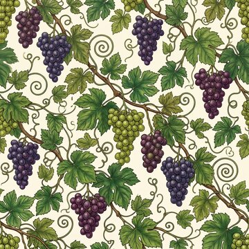 seamless pattern with grape clusters, vine leaves and tendrils, premium surface pattern design
