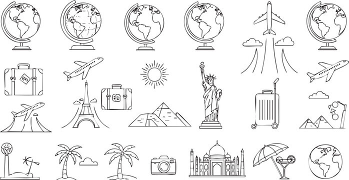 Travel set silhouette white background compass suitcase