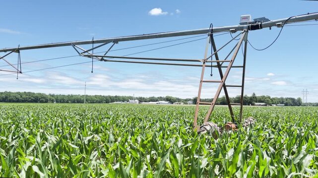 Large irrigation system spans lush green corn crop field
