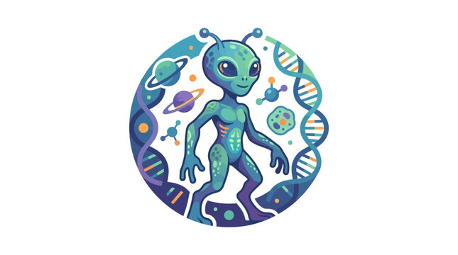 Alien character with DNA and atomic science symbols.