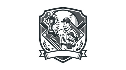 Obraz premium Baseball coach and player holding trophy in shield