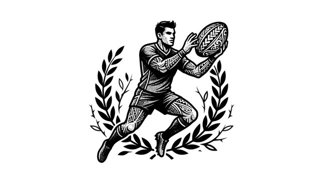 Athlete with rugby ball framed by laurel wreath.
