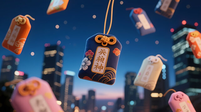 Colorful japanese amulets float over city skyline