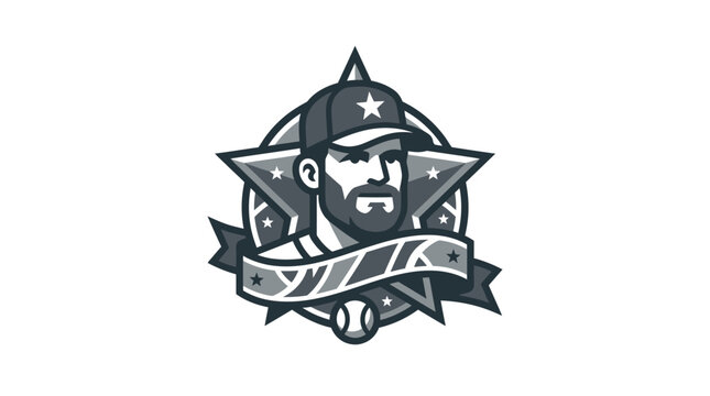 Baseball player portrait in star emblem.