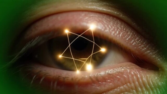 Close up of human eye with glowing Star of David symbol representing faith and spirituality.