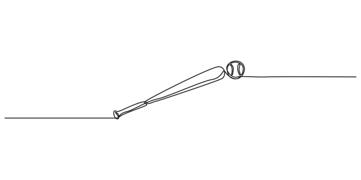 Continuous one line drawing of baseball bat and the ball. Simple Baseball bat line art vector illustration, Baseball bat and baseball ball icon in thin line style, white background editable stroke.