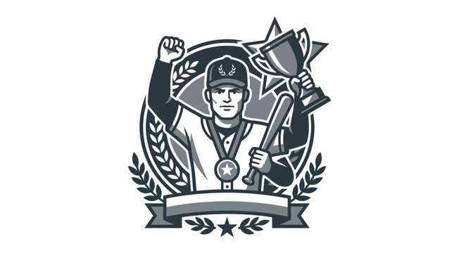 Champion baseball player holding trophy in laurel wreath