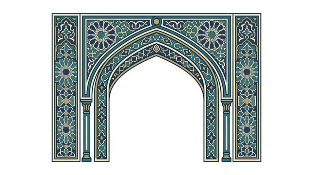 Islamic Geometric Archway Vector with Intricate Star Patterns in Teal and Gold Cultural Design