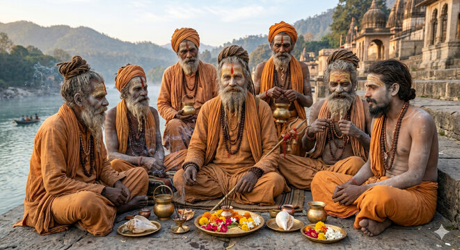 Group of Hindu Sadhus in Traditional Attire