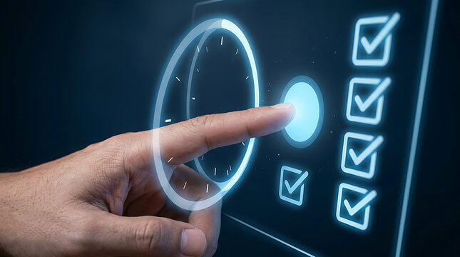 A hand interacting with a futuristic interface featuring a glowing blue clock and checklist on a dark background with neon light accents