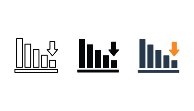 Set of bar chart icons with downward trend arrow in outline solid and color vector styles representing financial loss or market decline for business analytics dashboards