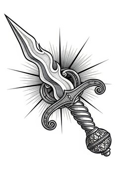 Vintage Engraving Style Illustration of an Ornate Dagger with a Wavy Blade and Radiant Sunburst Background