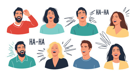 Collection of diverse male and female characters expressing joy and laughing out loud with ha-ha text bubbles symbolizing happiness and fun.