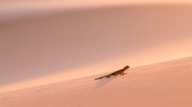 Namibian rock agama lizard basking on a vast desert dune under warm golden morning sunlight glow