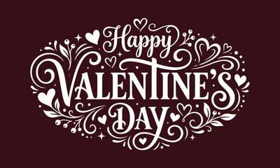 Fototapeta premium Valentine's Day holiday greeting card with white ornate text on maroon background