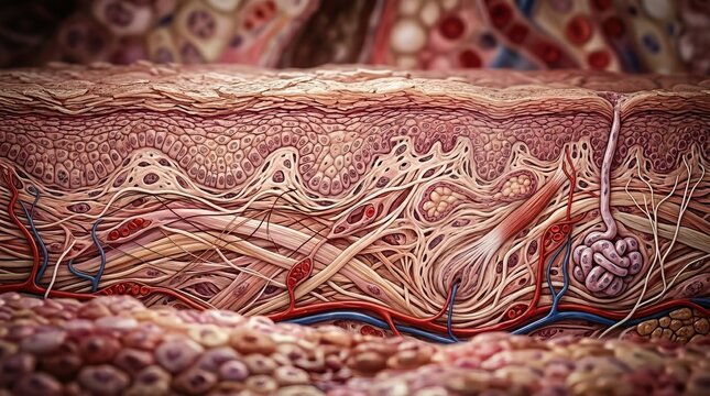 Detailed human tissue anatomy with visible blood vessels and nerves
