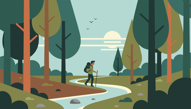 Backpacker with a hiking pole walks along a winding mountain stream in a beautiful dense pine forest at sunrise.