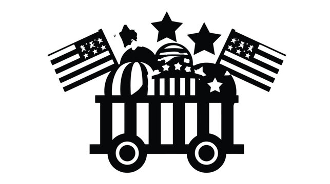 Wagon silhouette decorated with striped patterns and star motifs carries festive items alongside two american flags, creating a thematic graphic element for holiday celebrations and event branding.