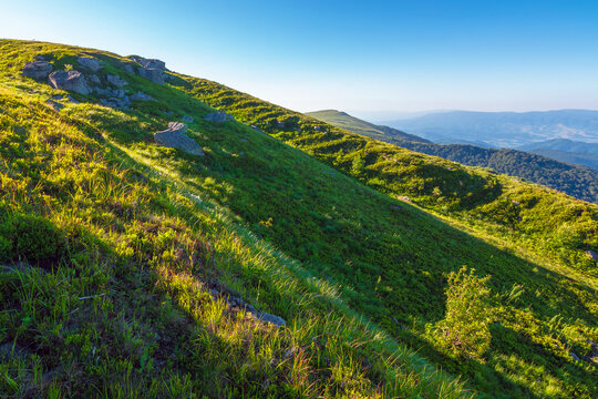 mountain landscape on a summer morning. beautiful outdoor scenery of carpathian mountains. grassy slopes with rocks. image for ukraine travel background