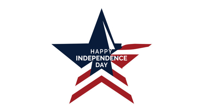 Star emblem features a bold red and blue patriotic design with sharp geometric lines and centered text celebrating the national holiday of independence day for a festive holiday greeting card visual.
