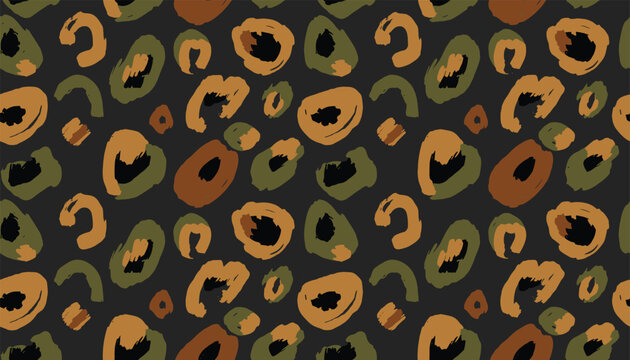 Abstract hand drawn leopard print seamless pattern in earthy tones of brown, olive green, and black on a dark background.