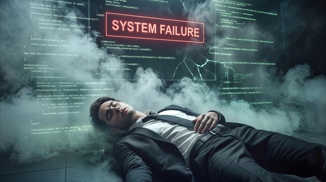 IT professional lying unconscious on floor in smoke-filled server room. System failure warning displayed on cracked digital screen.