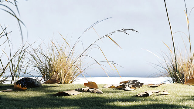 Dried Leaves And Grasses Against A Blurred Coastal Background