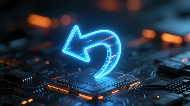 Glowing blue refresh icon over circuit board