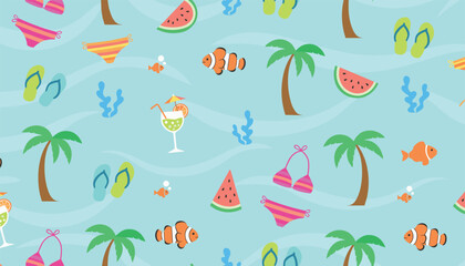 Obraz premium Seamless summer beach pattern with swimsuits, tropical palm trees, clownfish, watermelon slices, and cocktails.