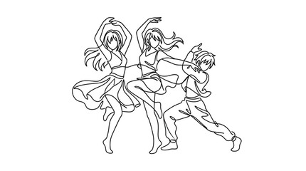 Naklejka premium Dynamic Line Art Dance Trio: Women and Man in Flowing Motion