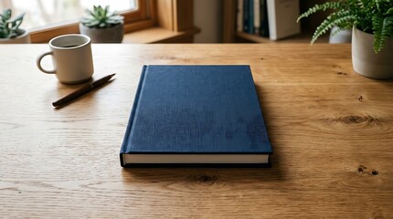 Obraz premium Cozy workspace with a blue book, coffee cup, and pen on a rustic wooden desk, surrounded by plants