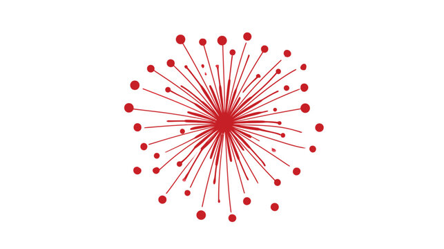 Fireworks icon rendered in a bold red color displays a symmetrical starburst pattern of radiating lines and small spheres, offering a versatile graphic asset for various celebratory applications.