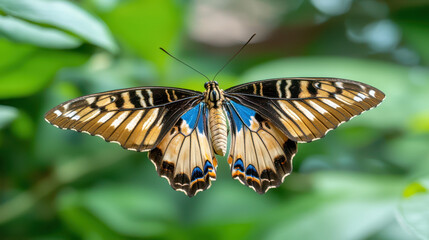 Fototapeta premium Stunning butterfly with vibrant blue and brown wings rests gracefully among lush green foliage, showcasing its intricate patterns and colors