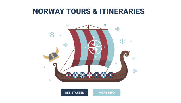 Travel website banner for Norway tours and itineraries featuring a traditional viking longship with shields.