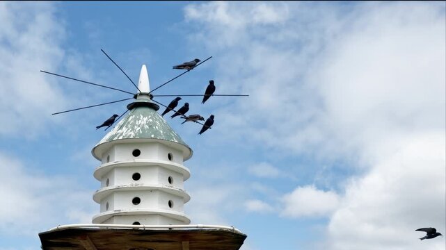 A roost of Purple Martins flying in real time around their multi-tiered castle feeding their chicks insects.