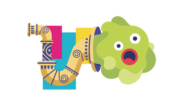 Whimsical plumbing monster with a surprised face emerging from a golden pipe on a multi colored background.